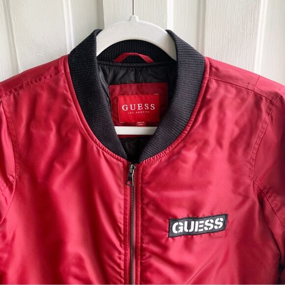 GUESS Red Black Varsity Bomber Jacket - Picture 3 of 9